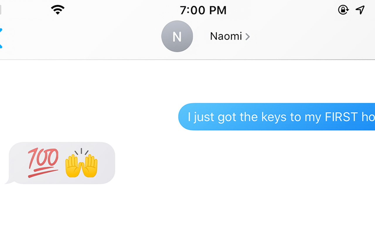 Messaging screenshot with Naomi, a first-home message, and a 100 symbol with raised hands.