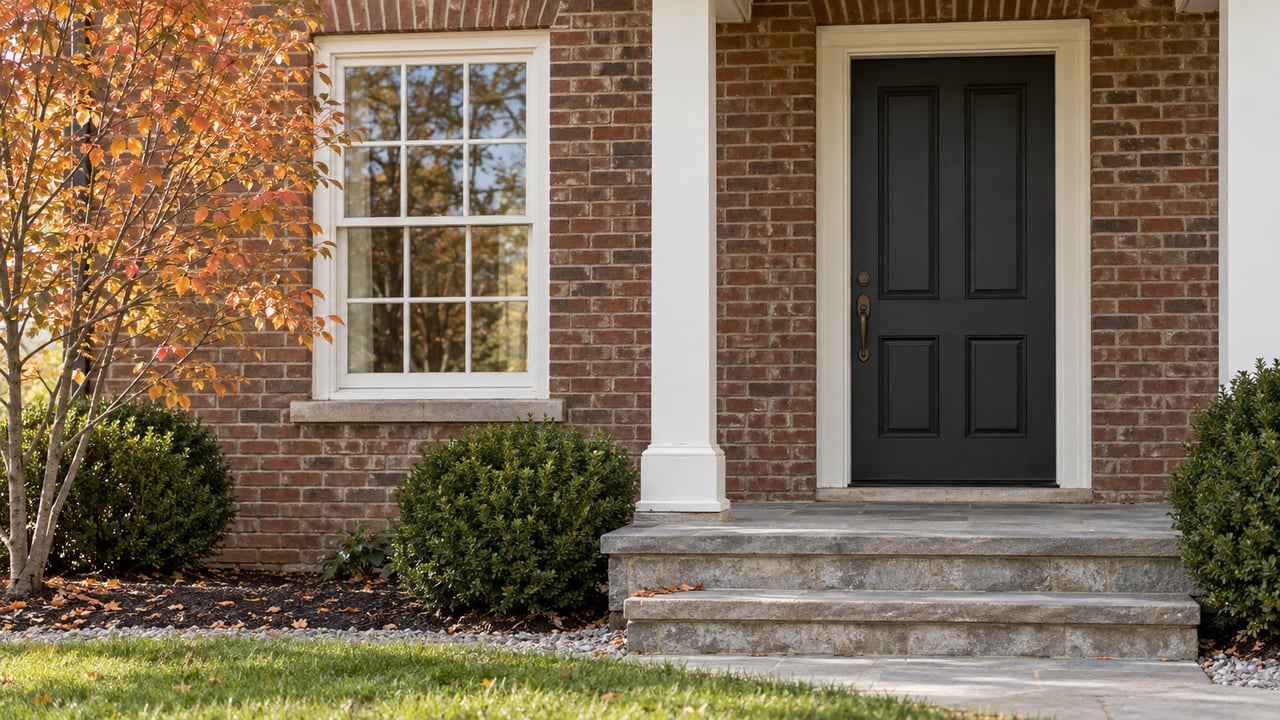 Brick home entry with a dark wood door, white-trimmed window, limestone steps, and copper-orange serviceberry leaves.