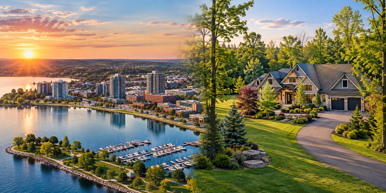 Waterfront cityscape at sunset paired with a large home on a landscaped, wooded lot.