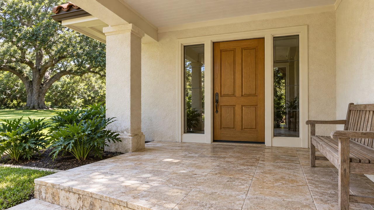 Shaded stucco porch with an oak entry door, limestone paving and a mature oak beyond the column.