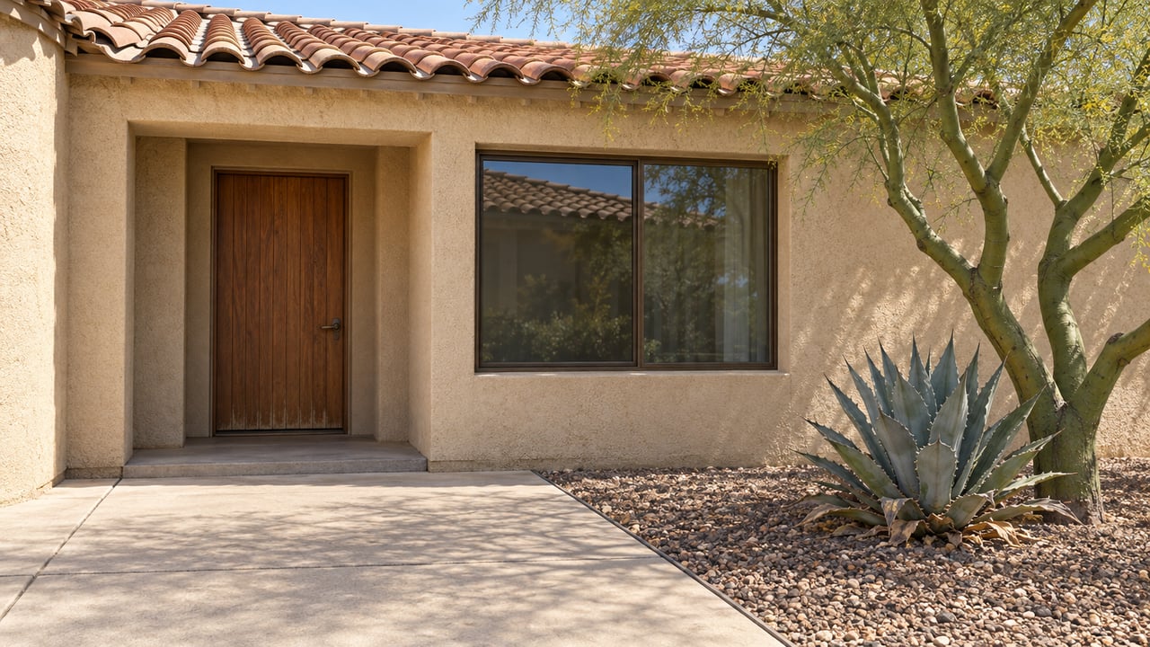 Sunlit stucco home entry with a clay-tile roof, wood door, bronze-framed window and a palo verde beside an agave in gravel.