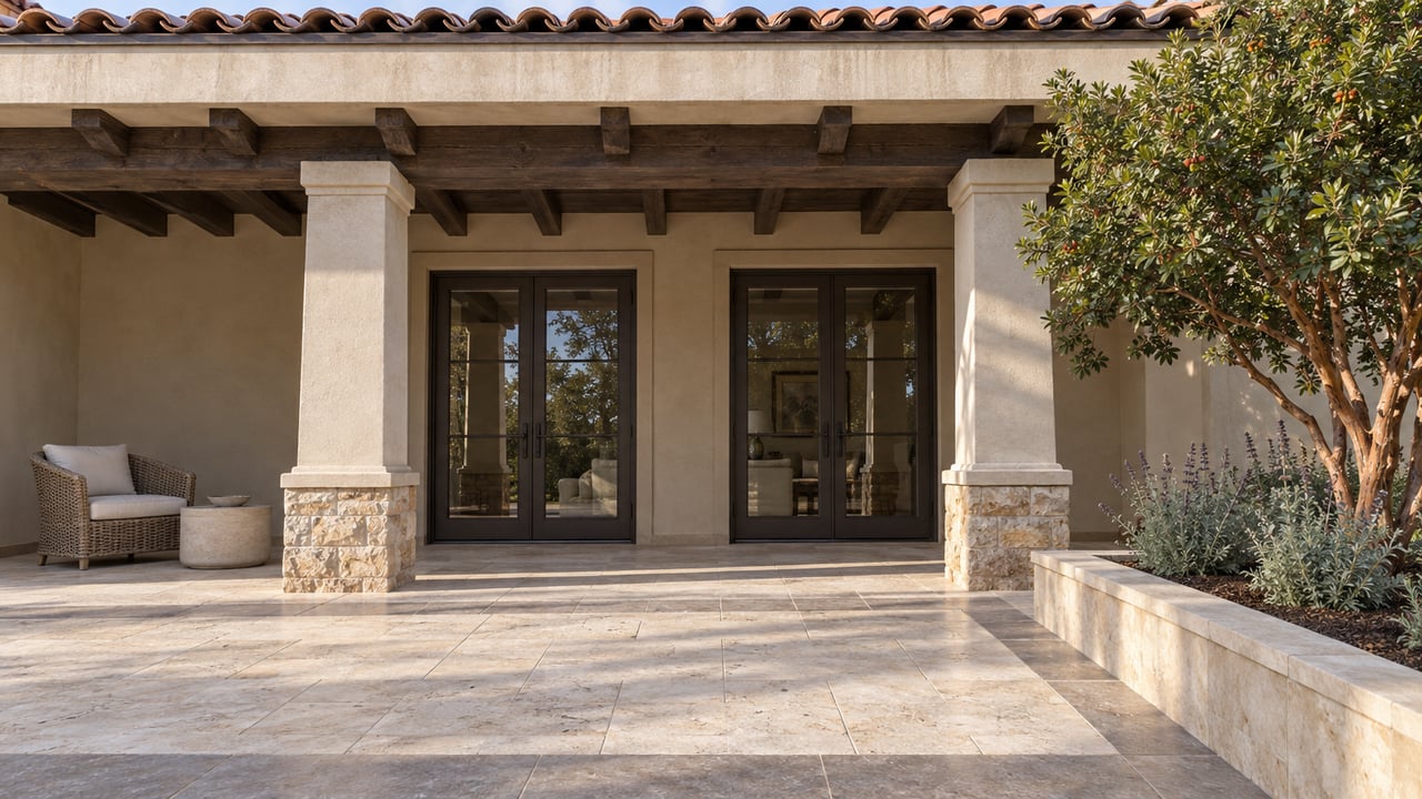 Morning light across a limestone terrace and stucco loggia with clay roof tiles, stone column bases and a sculptural strawberry tree.