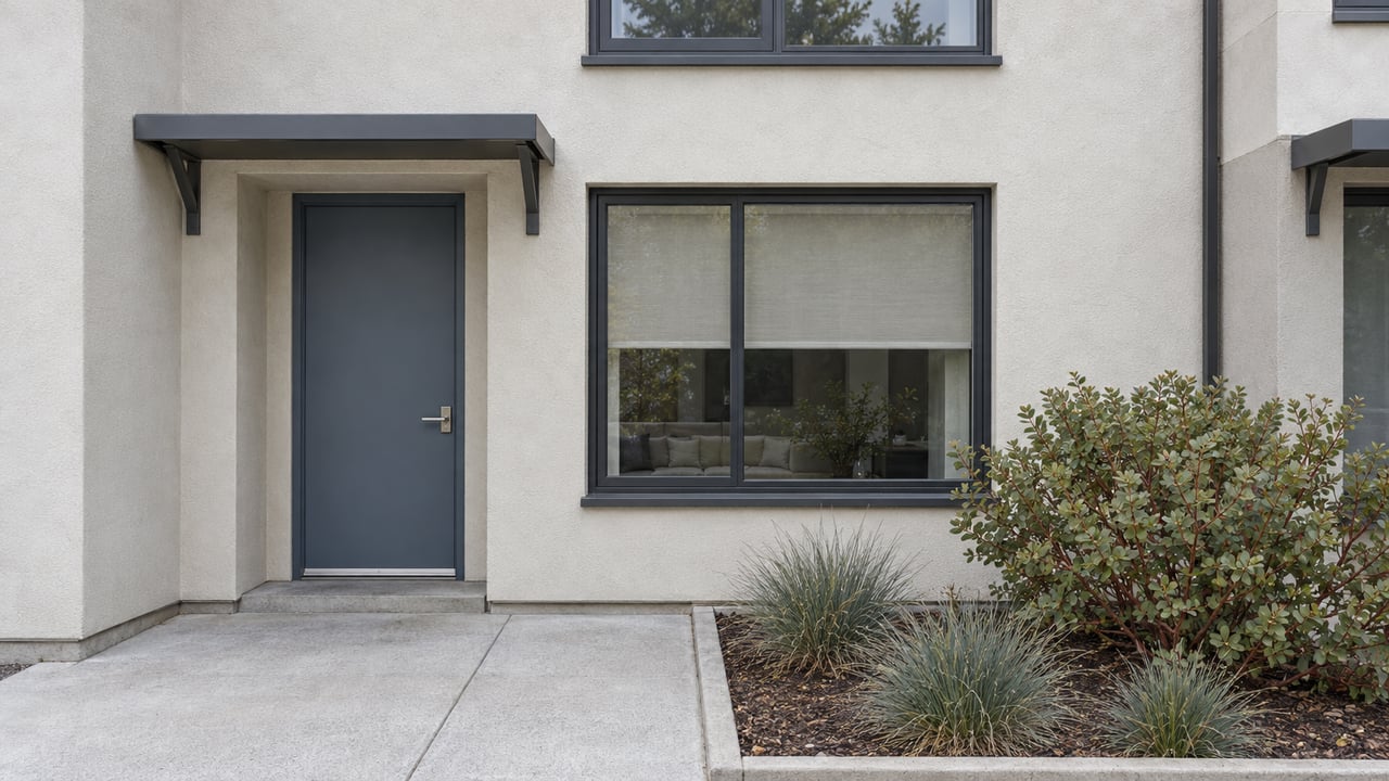 Compact two-story townhome entry with off-white stucco, blue-gray door, charcoal-framed windows and a small planted bed beside a concrete approach.