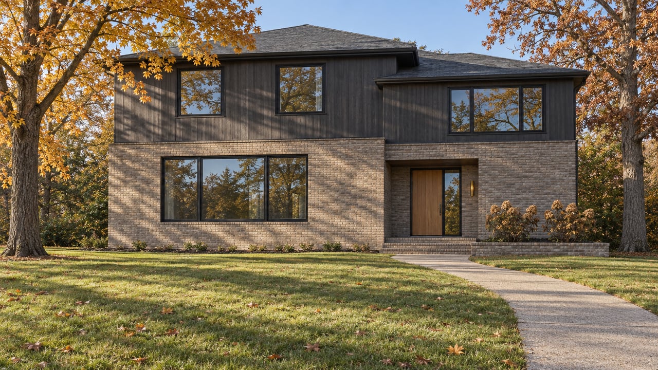 A contemporary brick and cedar home across a deep front lawn, framed by amber maple and russet oak foliage in morning light.