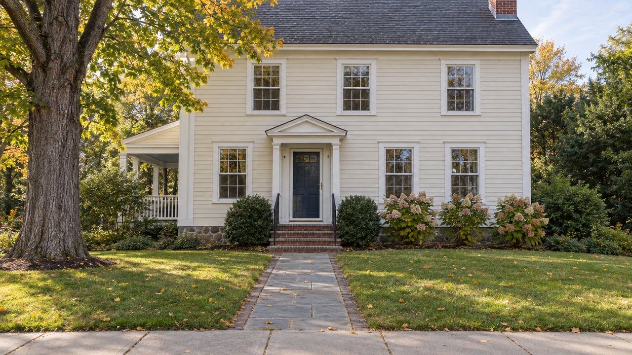 Detached ivory clapboard house with navy entry door, bluestone walk, and yellowing maple beside the lawn.