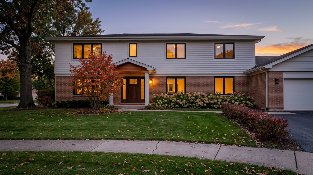 Two-story brick and white-sided house glowing at dusk, with a cedar portico and red-orange fall foliage.