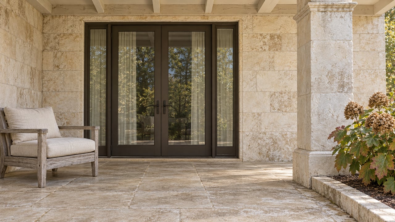 Covered limestone terrace with paired bronze-framed glass doors, a weathered teak chair and an oakleaf hydrangea beside the raised stone edge.