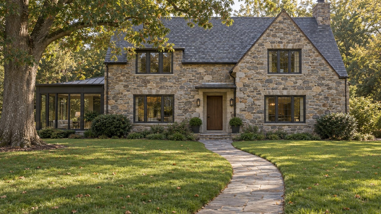 Two-story fieldstone house with a slate roof, oak tree, and curving stone walk across a deep lawn.