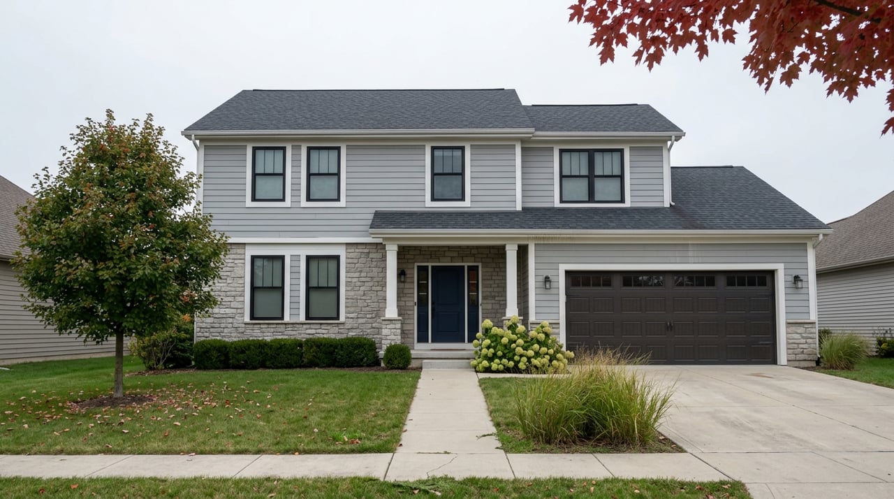 Two-story gray suburban house with a stone-clad entry, navy front door, attached garage, and red maple.