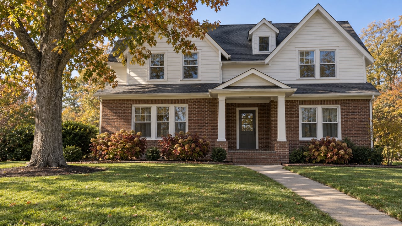 Brick and white-clapboard home behind a deep autumn lawn, with a mature oak and a concrete walk leading to a covered porch.