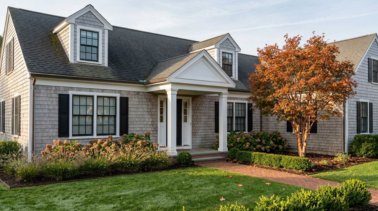 Shingle-style home with a columned portico, brick walkway, and orange-red paperbark maple.