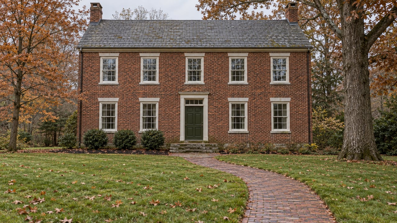 A brick Colonial with white sash windows, a slate roof, and a curved brick walk across a broad autumn lawn.