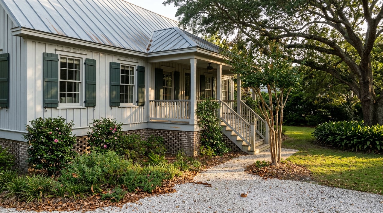 Raised gray cottage with green shutters, corner porch stairs, brick lattice piers, and a garden beneath a live oak.