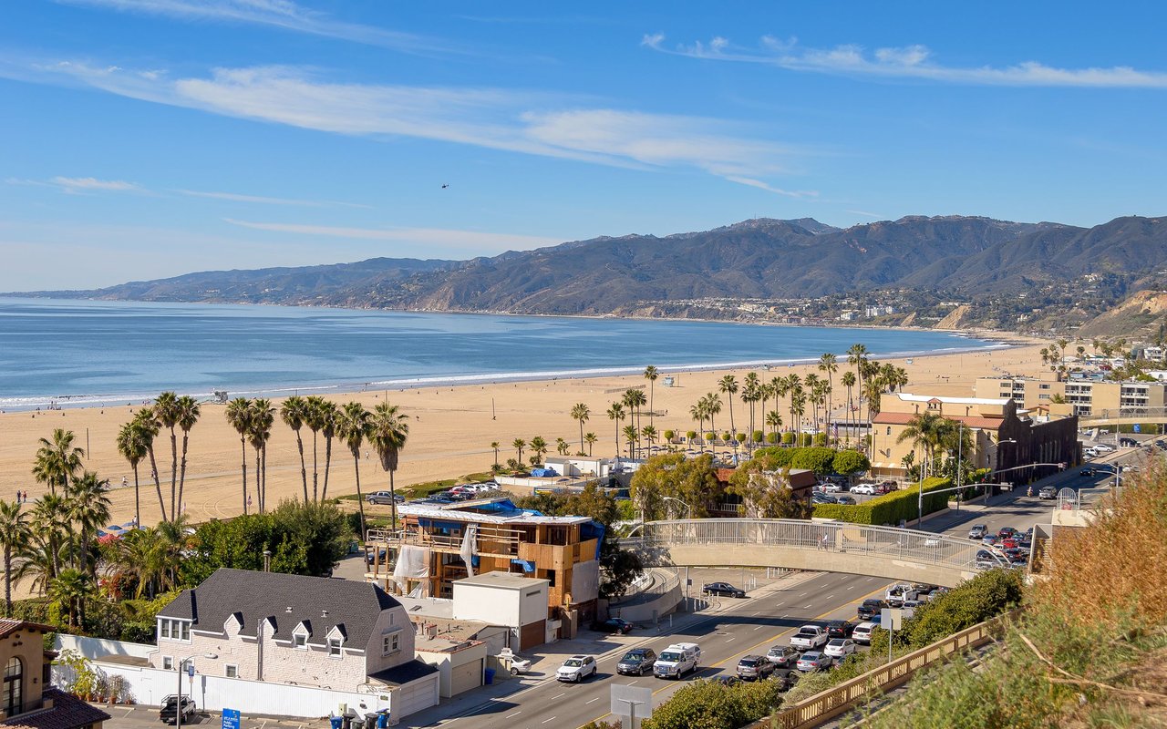 Santa Monica beach and coastline with palm trees, ocean, and mountains beyond.