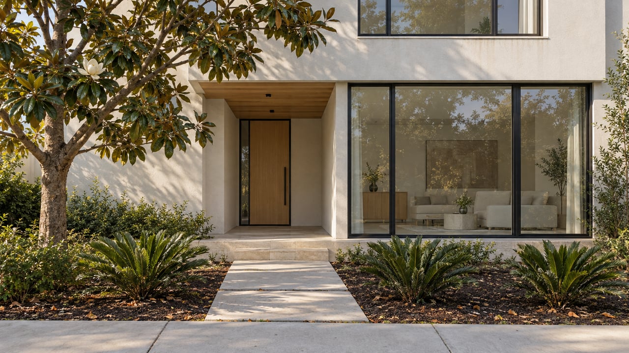 Contemporary stucco house with recessed glass entry, pale concrete walk, and young magnolia in the front garden.
