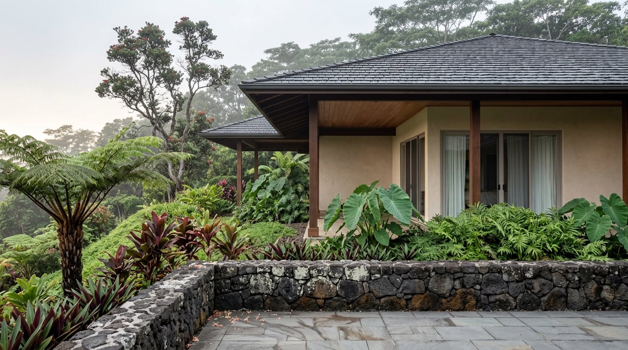 Timber-and-stucco lanai above a basalt terrace, framed by tree ferns and an ohia tree with red blossoms.