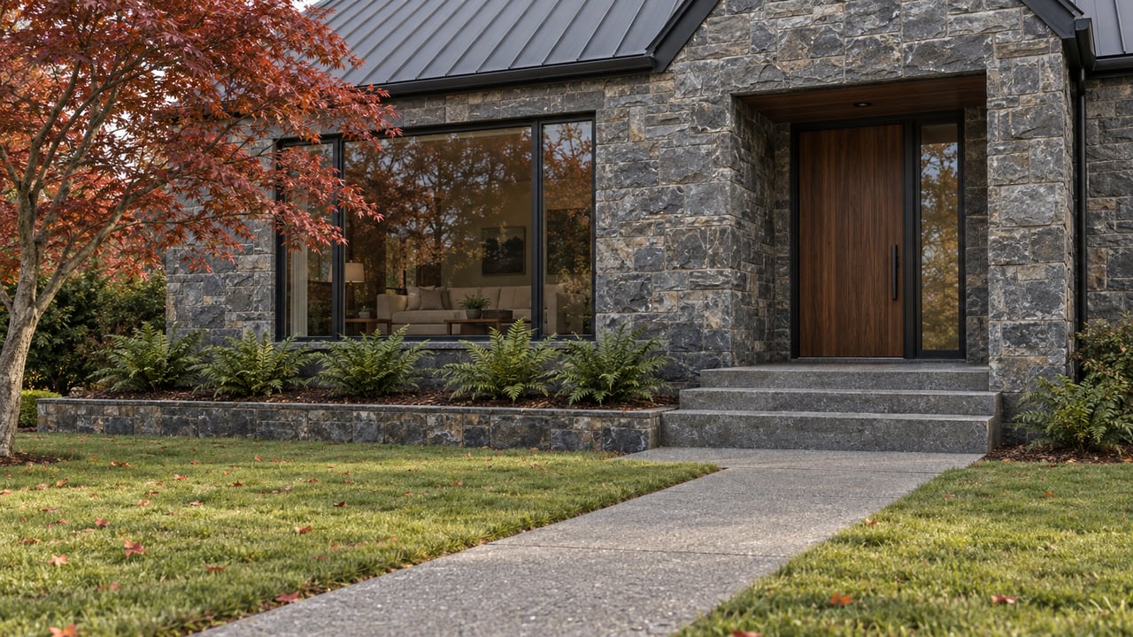 Autumn light on a stone-clad home with a walnut entrance, broad steps, and a red-leaved maple beside the lawn.