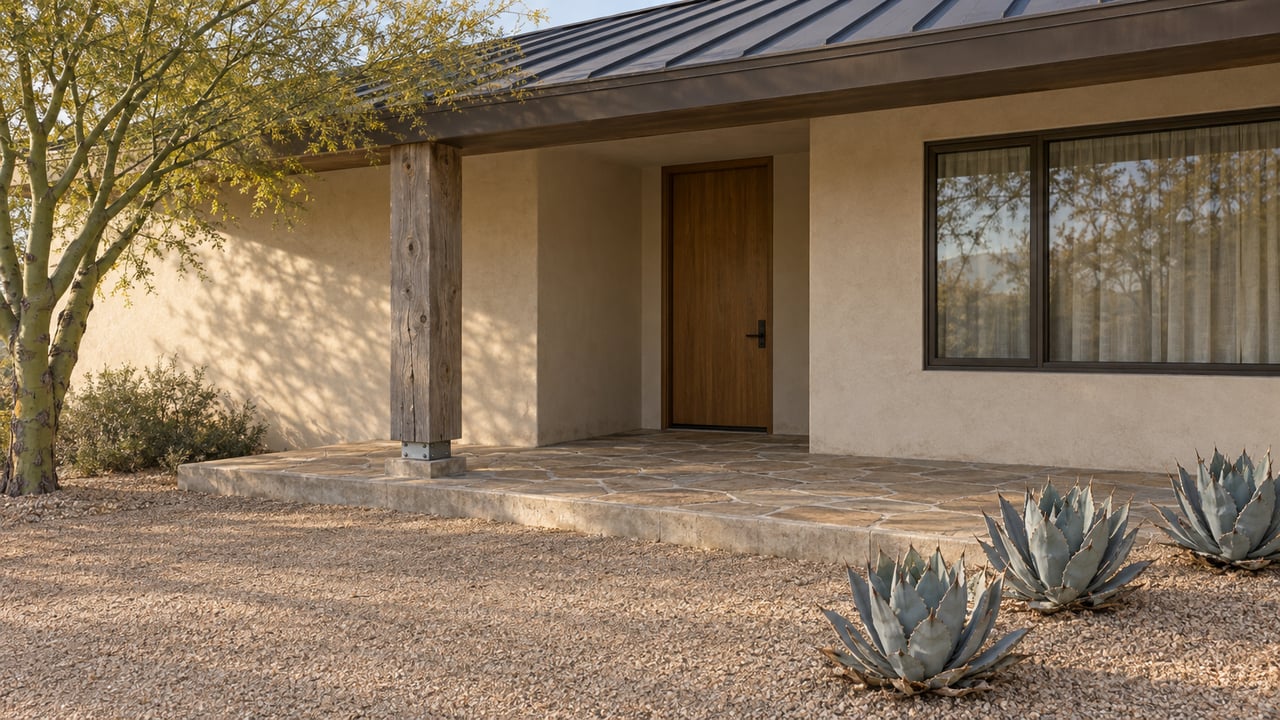 Low stucco ranch home with a timber porch post, oak front door, flagstone step and blue-green agaves in a gravel forecourt.