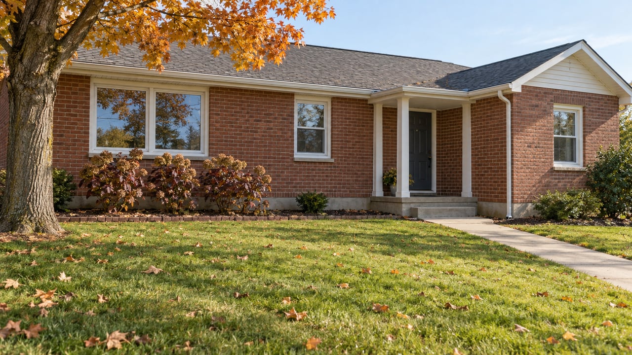 Traditional red-brown brick home behind a deep autumn lawn, with a concrete front walk and amber maple canopy.