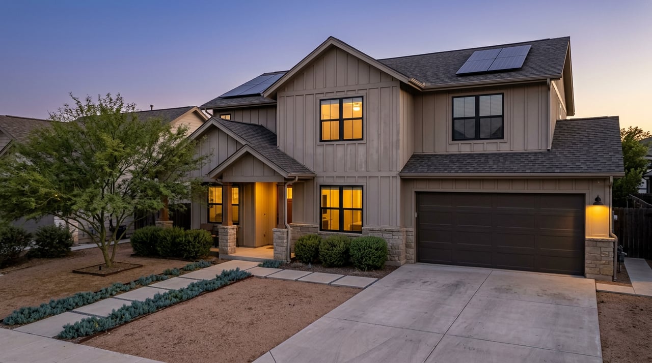 Two-story greige home with stone base, solar panels, and warm-lit windows at dusk, framed by desert landscaping.