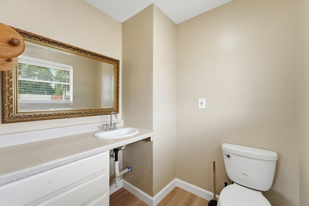 Bathroom with a white vanity, ornate gold-framed mirror, and toilet.