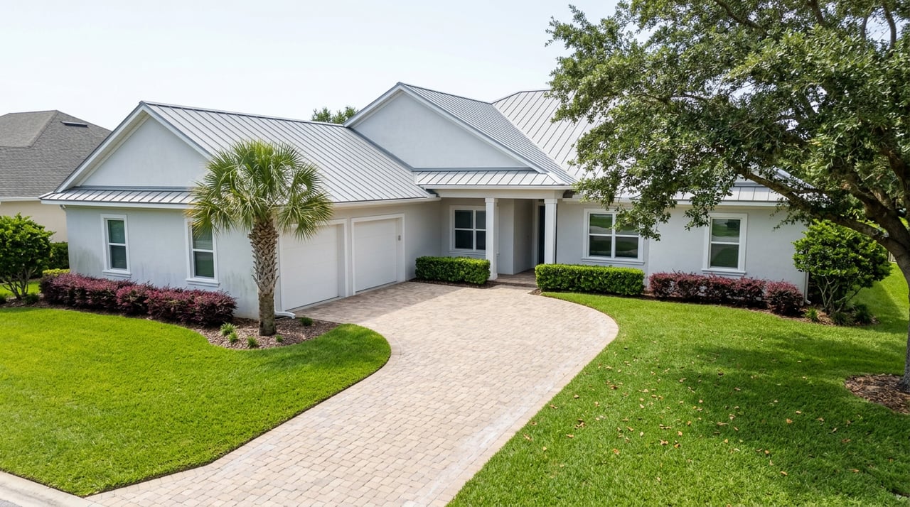 Coastal-contemporary home with white stucco, gray metal gables, a curved paver driveway, and a palm by the entry.