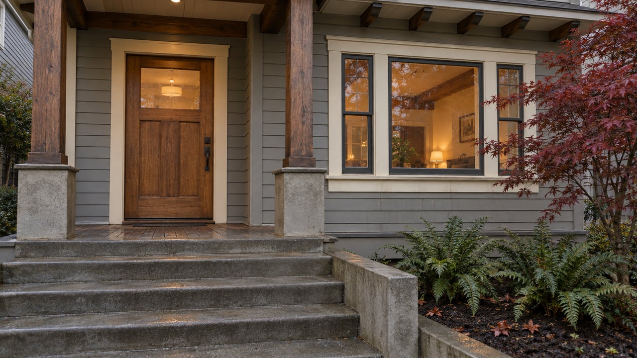 Gray timber house with an oak entry door, covered fir porch, warm enclosed windows and autumn Japanese maple beside concrete steps.