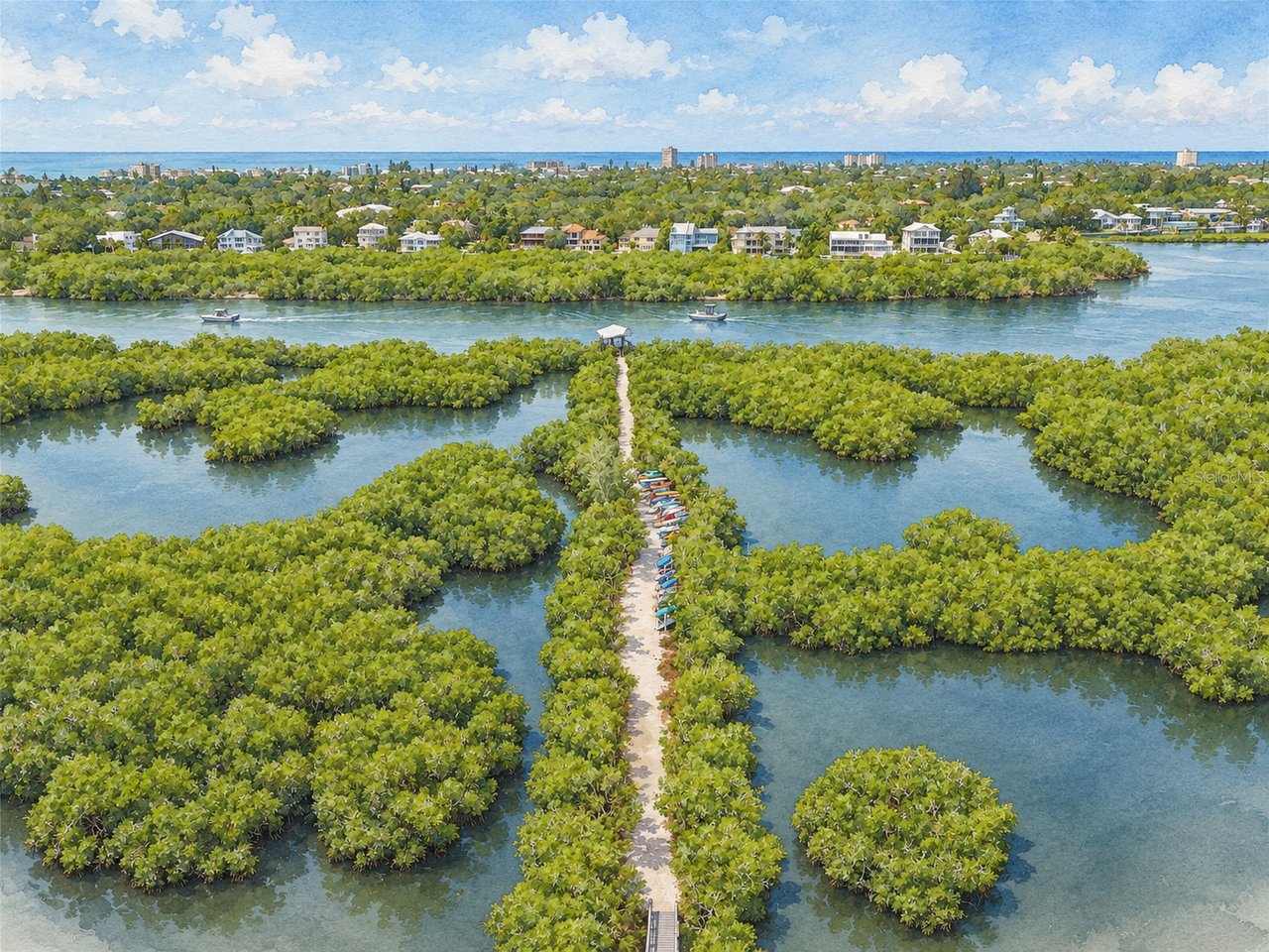 Aerial view of a mangrove-lined bay with a boardwalk, kayaks, and waterfront homes.