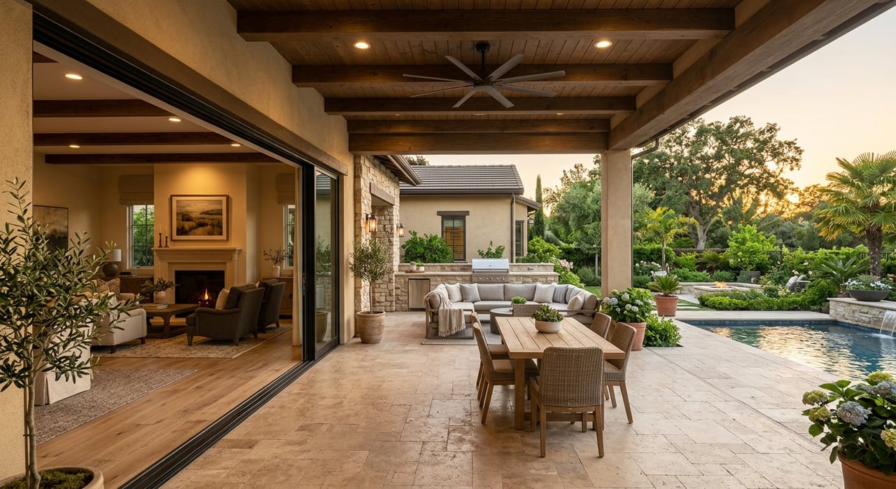 Travertine patio beside partially open black sliders, with a stone fireplace wall and an olive tree.