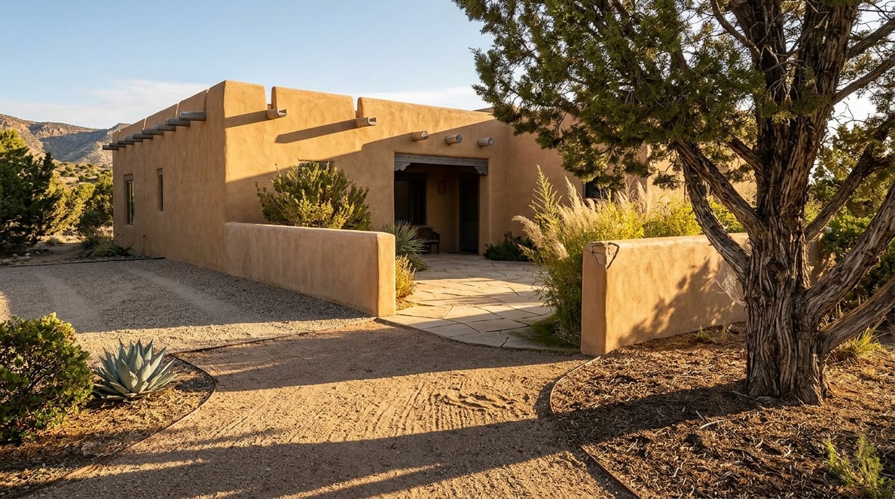 Ochre single-story home behind an alligator juniper, with a gravel motor court, flagstone courtyard, and xeric planting.