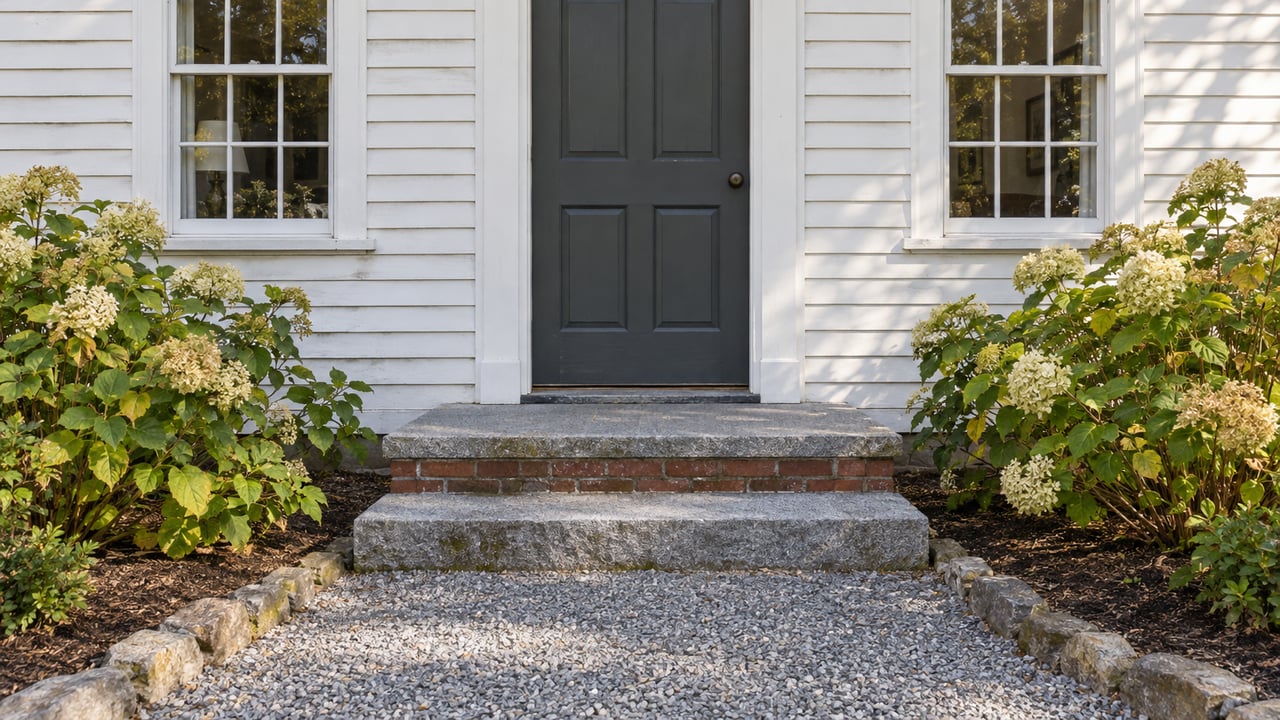 White clapboard home with a charcoal entry door, paired sash windows, worn granite steps and two hydrangeas beside a gravel approach.