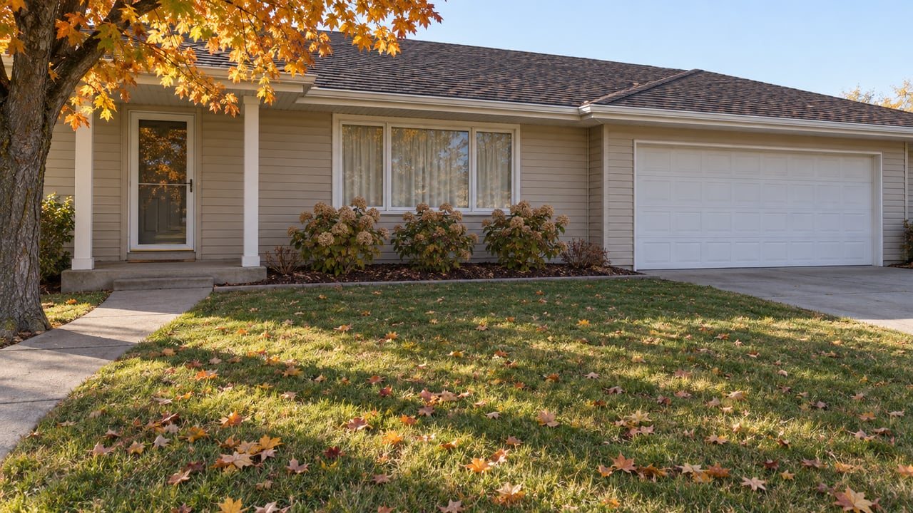 Beige ranch home with a broad autumn lawn, orange-gold maple, shallow porch and attached garage.