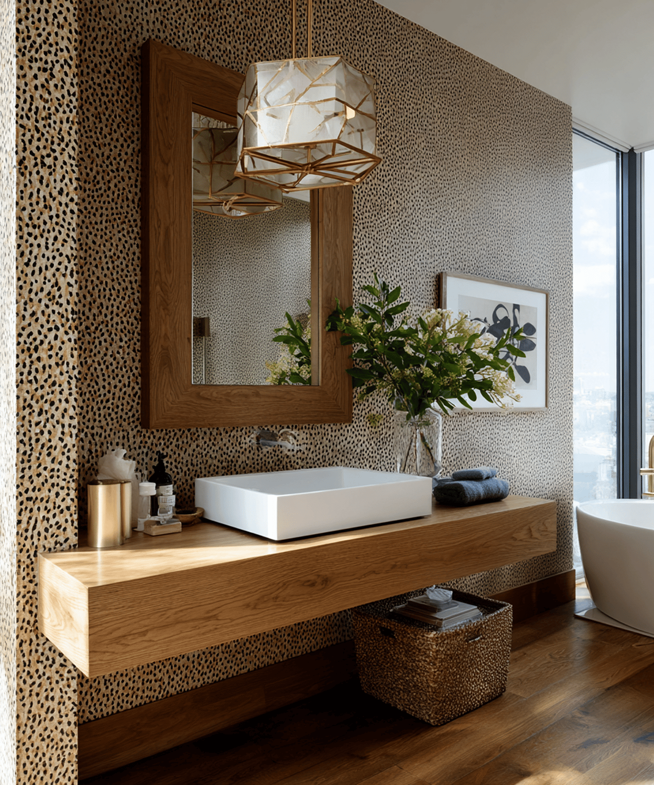 Bathroom vanity with a white vessel sink, floating wood counter, patterned tile, and large wood-framed mirror.