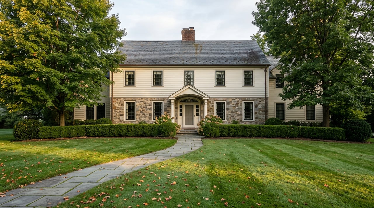 Two-story fieldstone and clapboard home with a slate roof, framed by mature trees above a dew-covered lawn.