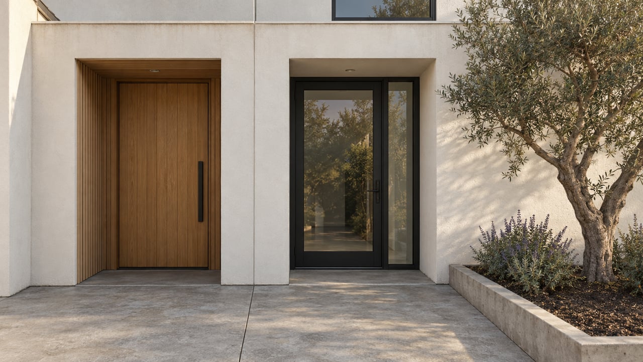 Two recessed entrances in an off-white stucco facade, with an olive tree in a raised concrete bed.