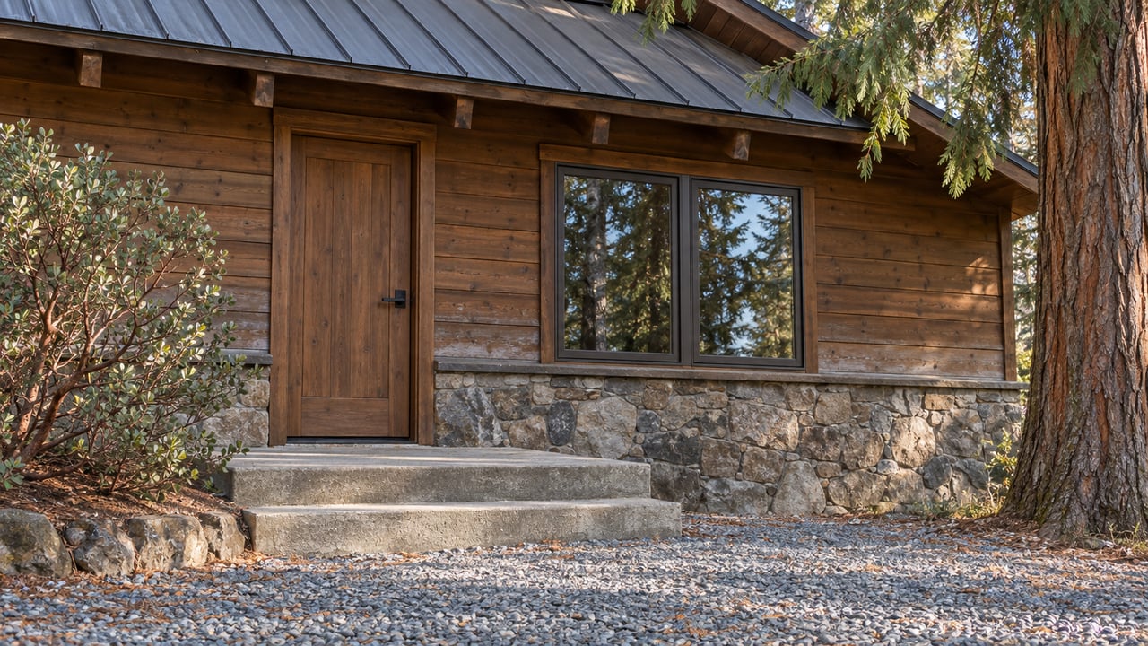 Warm timber cabin entry with a stone foundation, concrete steps and gravel approach beside an incense cedar.