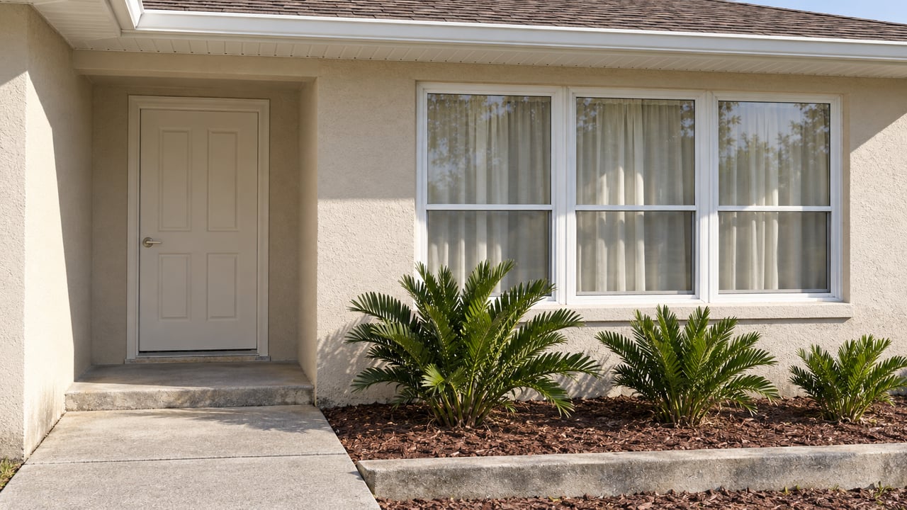 Sunlit stucco front entry with a closed white door, grouped windows, a concrete walk and three coontie plants.