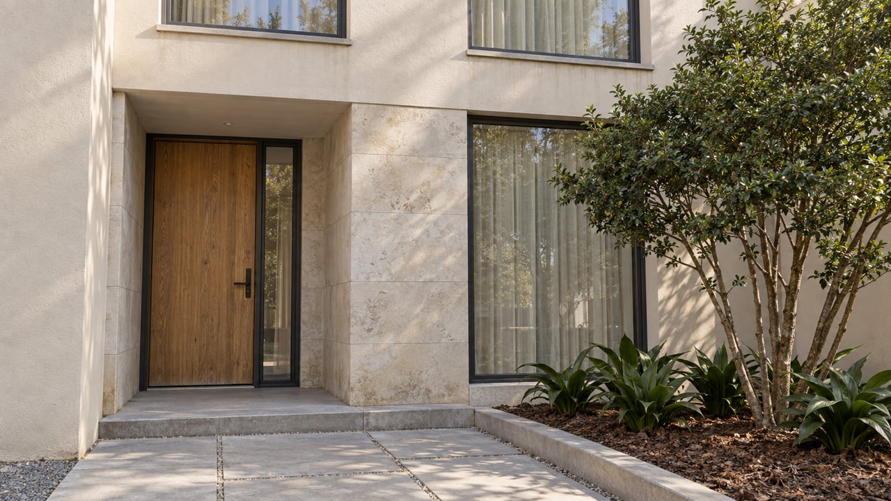 Pale stucco townhome entrance with limestone surround, oak door, charcoal-framed windows, and a compact planted forecourt.