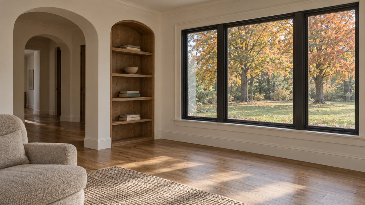 Daylit living room with an arched oak bookcase, wool lounge chair and dark-framed windows overlooking autumn sugar maples.