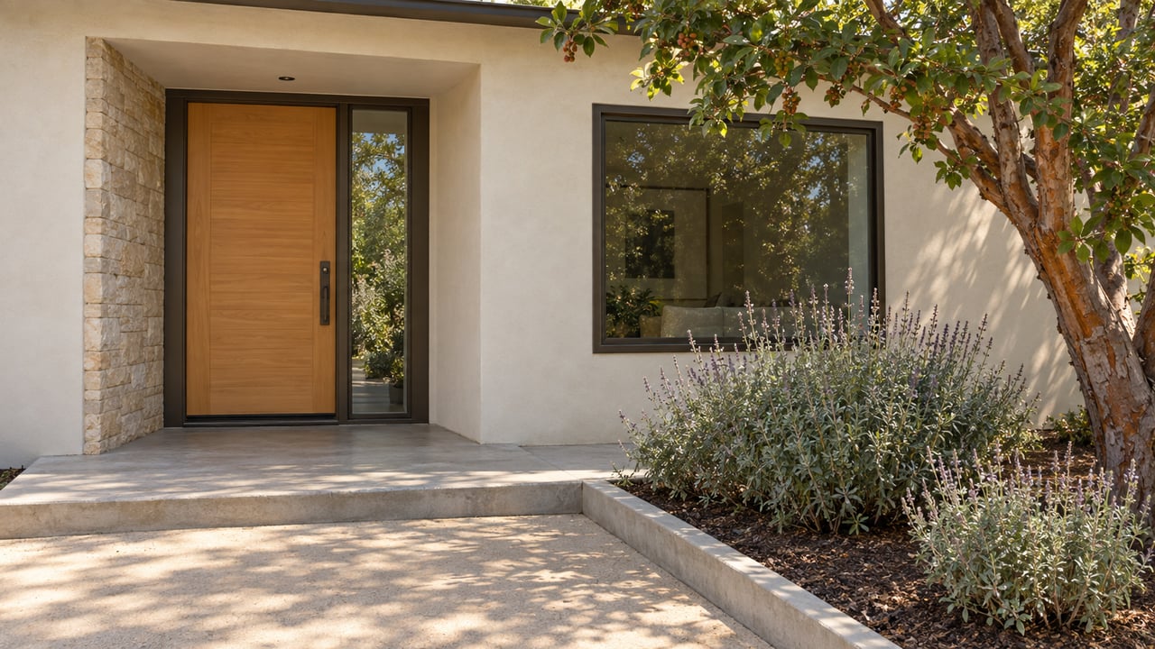 Cream stucco home entry with a wood door, bronze-framed window, limestone recess, concrete steps, and a sculptural strawberry tree.