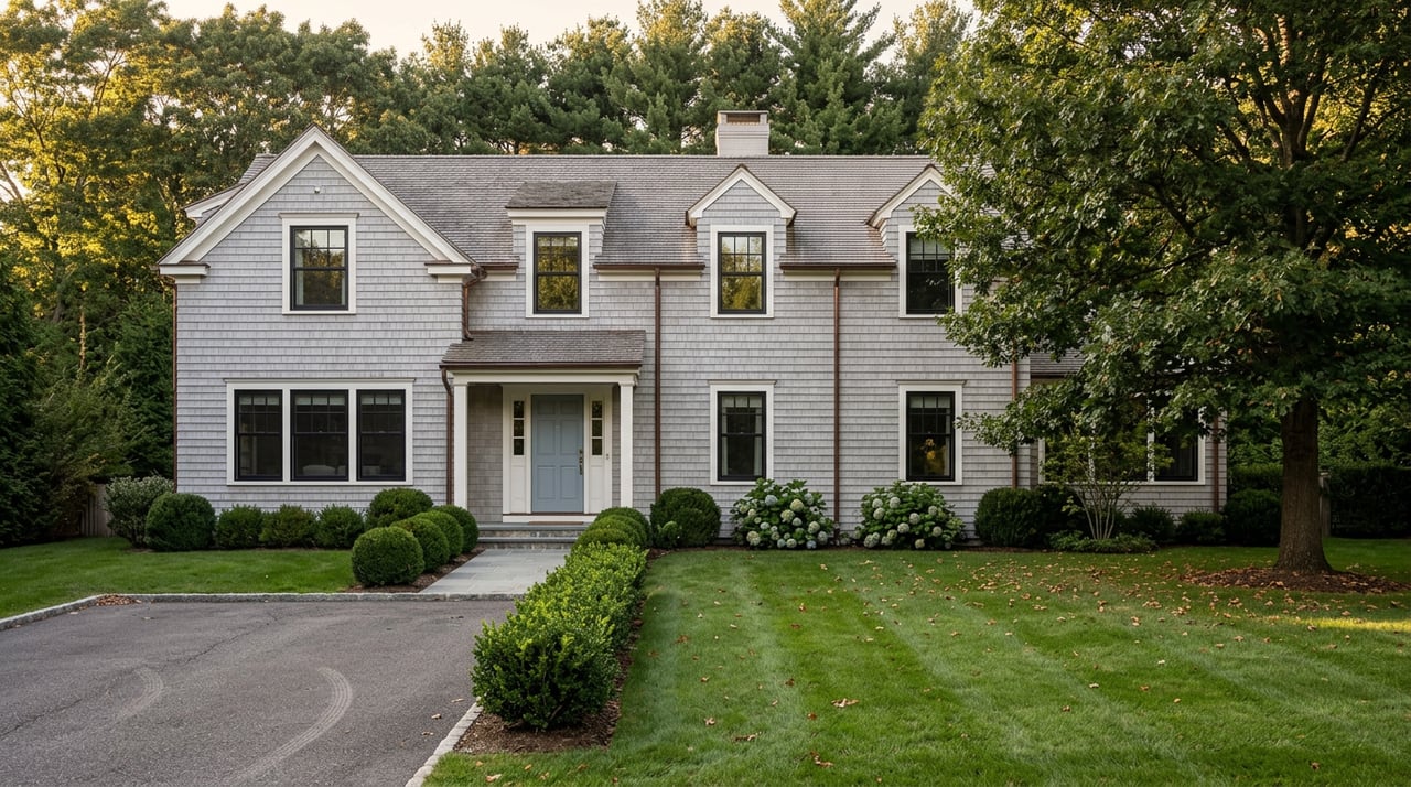Gray-shingled colonial with two dormers and blue-gray door behind a broad lawn and mature oak.