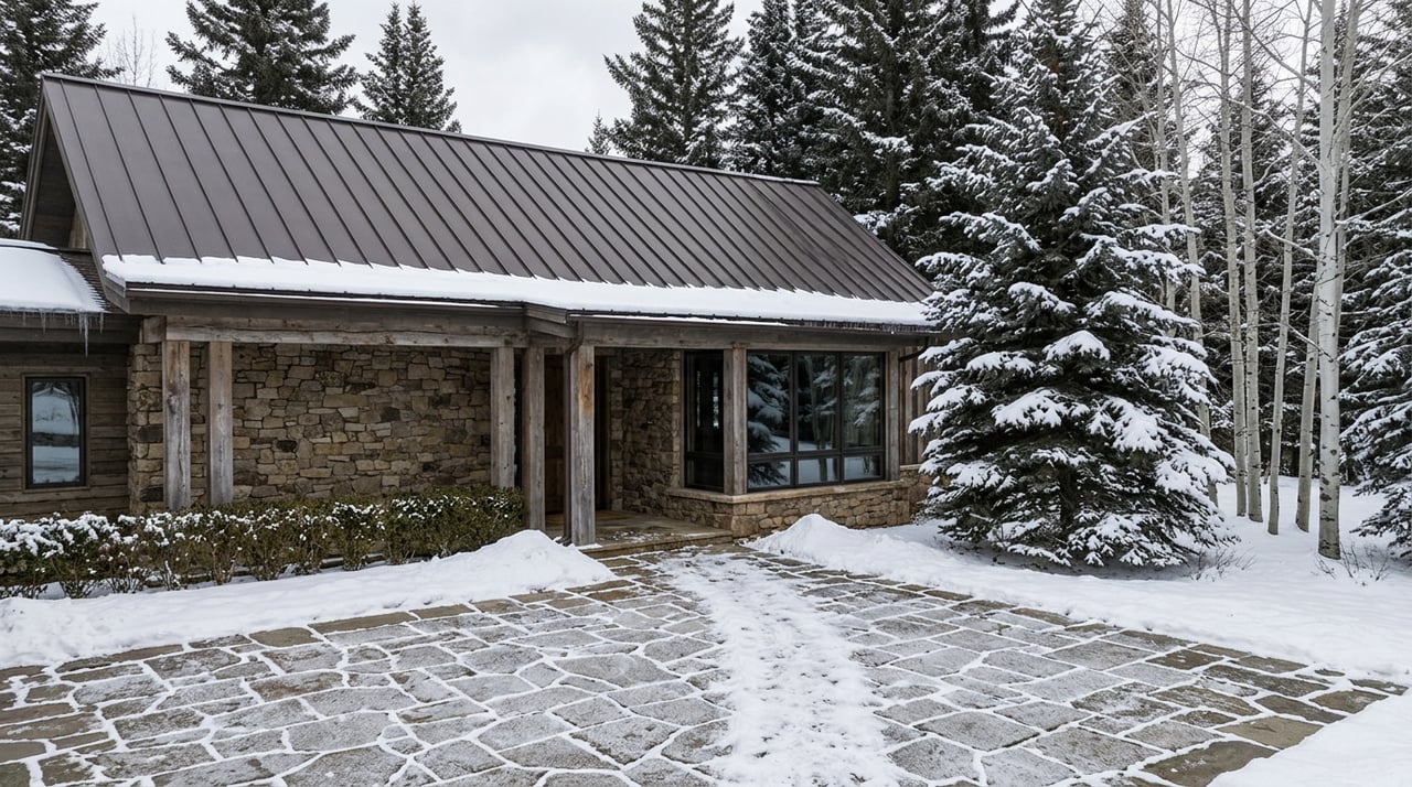 Stone-and-timber mountain entry beside a snow-dusted stone motor court, framed by spruce and bare aspen.