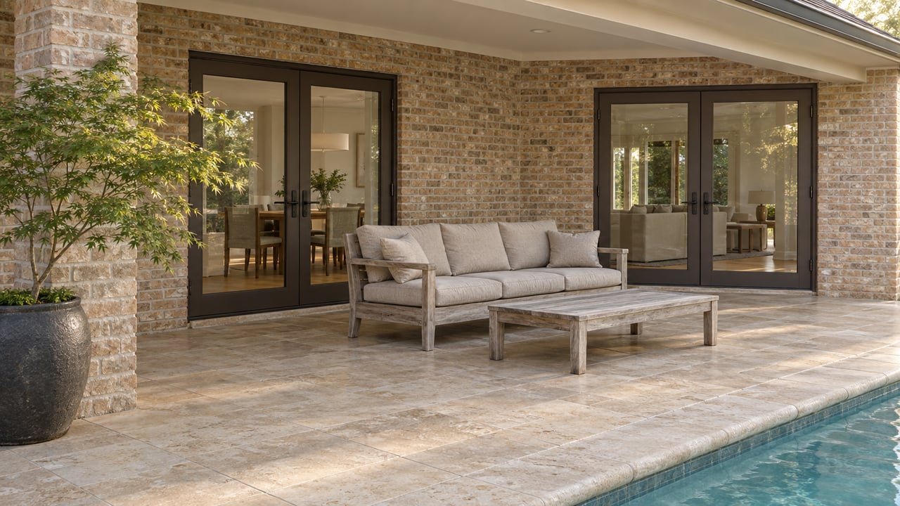 Covered limestone terrace with weathered teak seating, paired glass doors, a potted Japanese maple, and the edge of a pool.