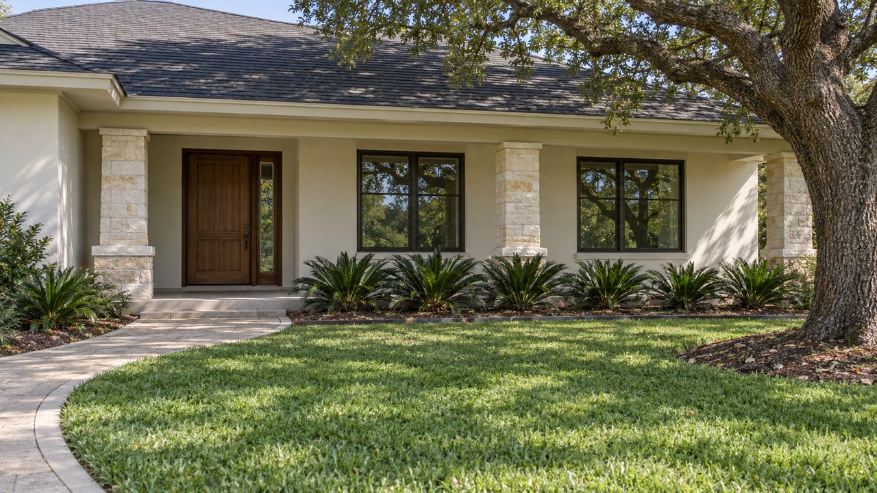 Light stucco home with a shaded front porch, curving paver walk, deep green lawn and mature spreading oak.