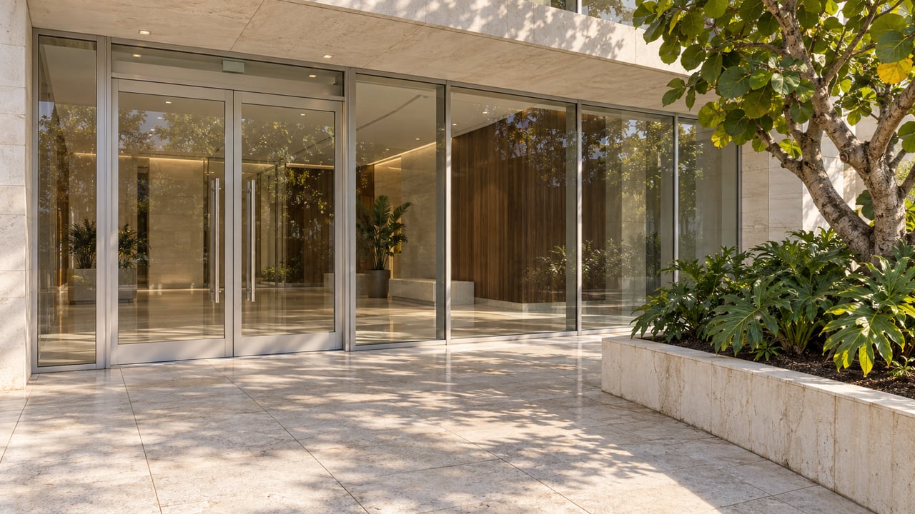Modern glass building entrance framed by pale stone paving and a leafy tree.