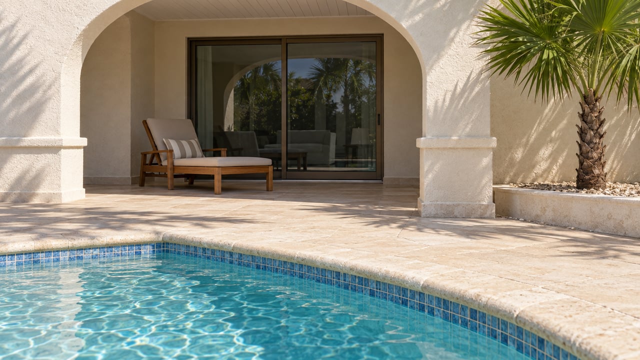 Turquoise pool water meets worn limestone coping beside a cream stucco arch, shaded teak lounge chair, and a single fan palm.