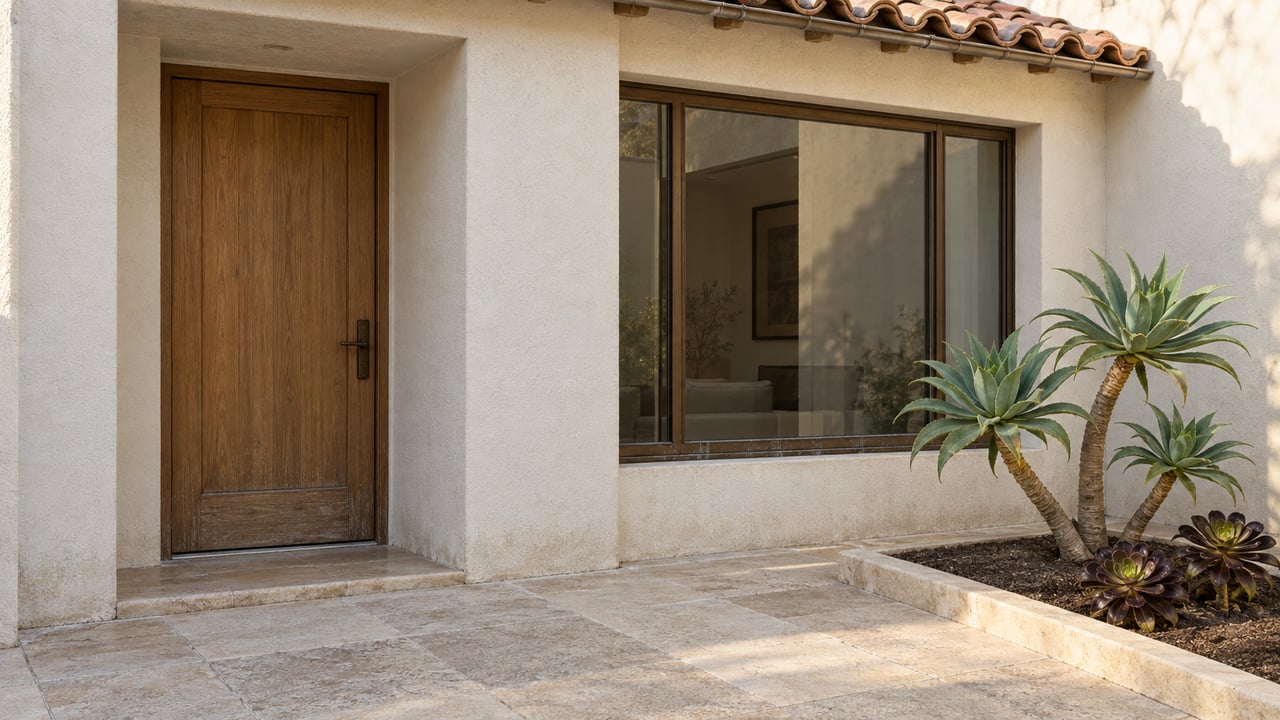 Sunlit ivory stucco home entrance with an oak door, bronze-framed window, limestone paving and sculptural succulent planting.