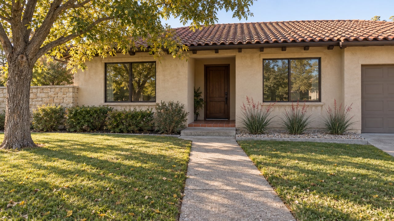 Warm autumn light falls across a lawn and concrete approach to a sand-colored stucco home with a clay-tile roof and mature pecan tree.