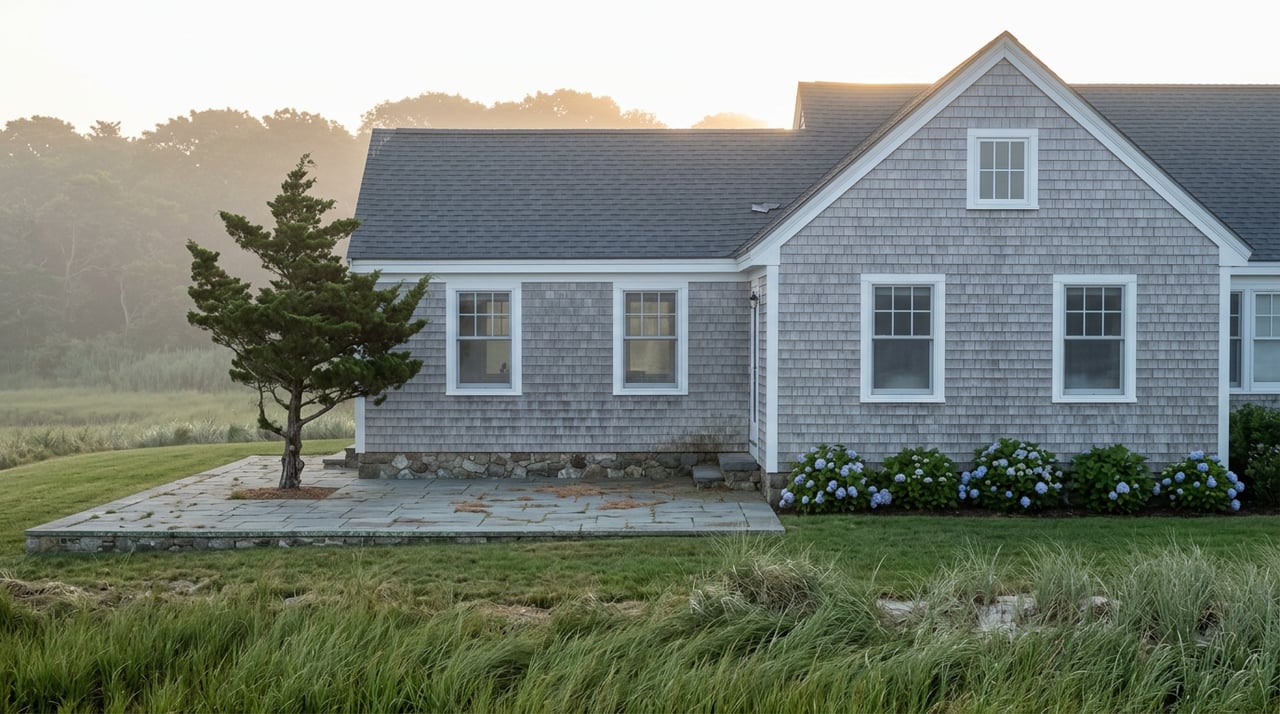 Weathered cedar-shingle coastal home with a white-trimmed gable, bluestone terrace, and wind-shaped redcedar beside marsh grass.