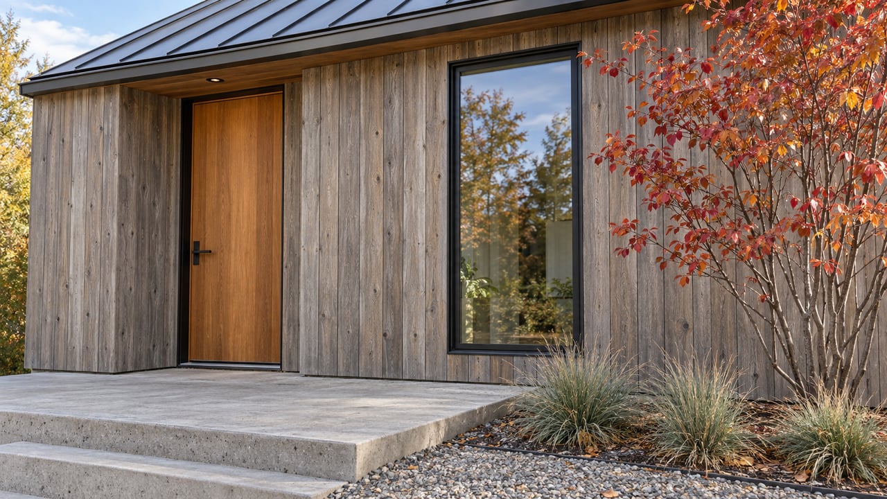 Cedar-clad home entry with a fir door, black-framed window, concrete landing, and red-leaved multi-stem tree.